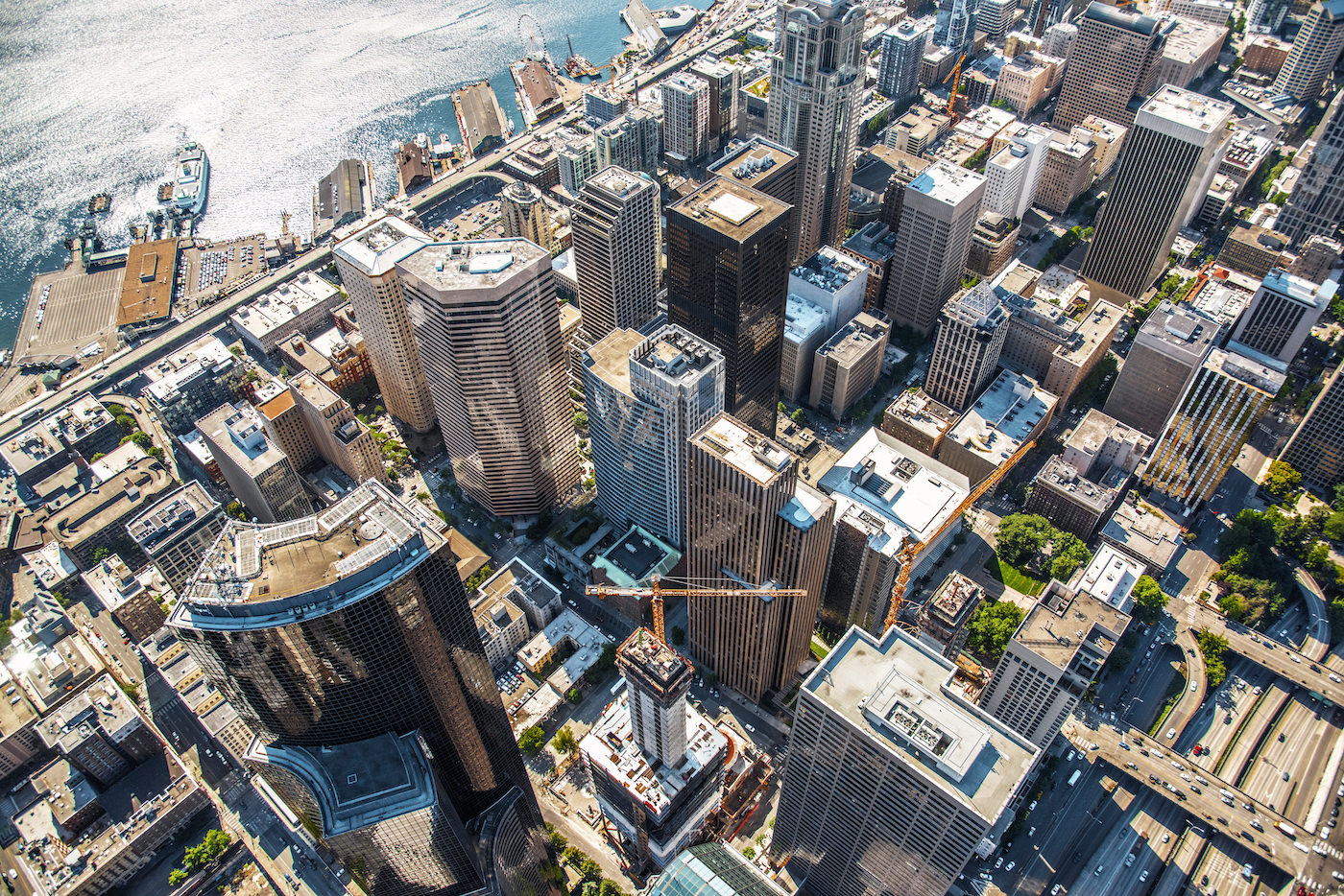 Aerial view of downtown Seattle buildings.